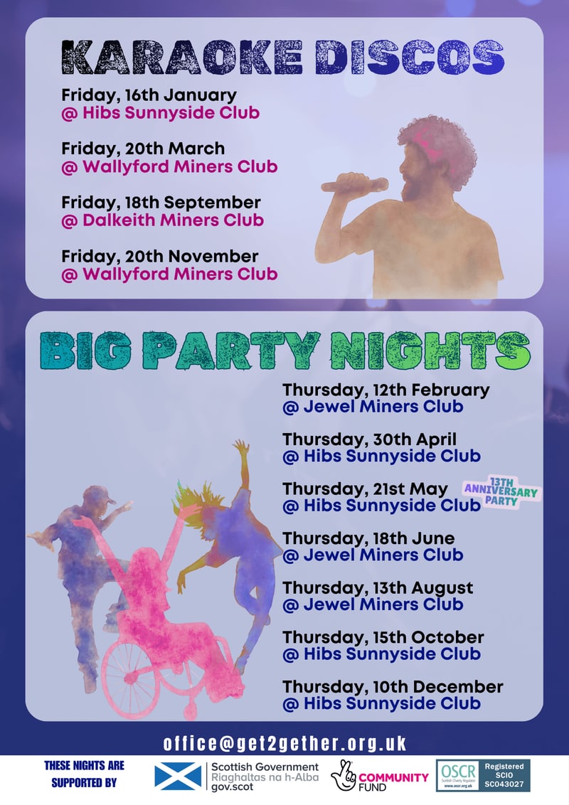 The second page of the flyer, listing the karaoke discos and big party nights — the same dates are written out beside this picture. Supported by the Scottish Government and The National Lottery Community Fund